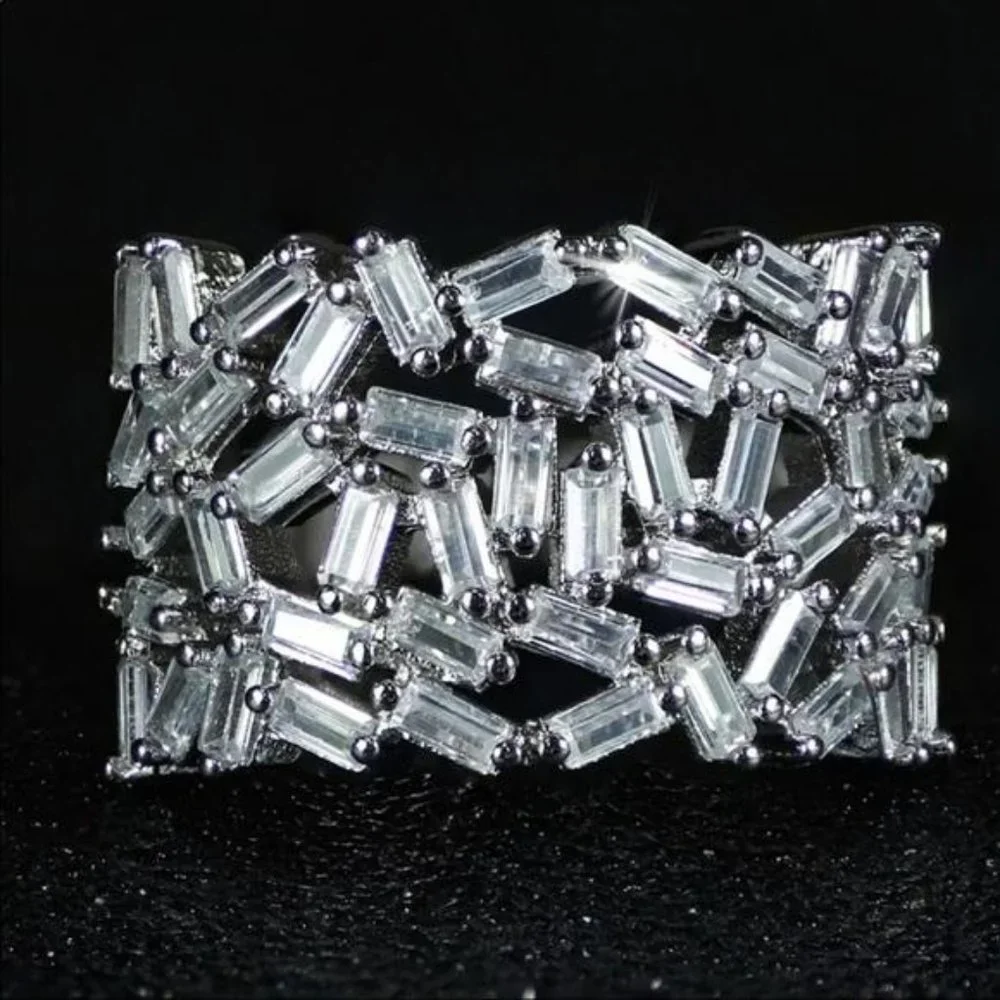 BAGUETTE 925 STERLING SILVER DIAMOND ETERNITY RING, CUTE RING, SHINY RING. - Picture 2 of 5